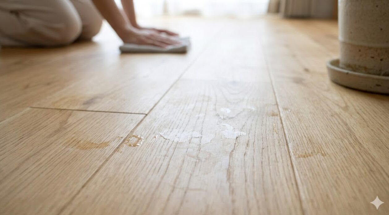 水分によりシミや変色、目地の浮き上がりが発生した木製フローリングの接写。