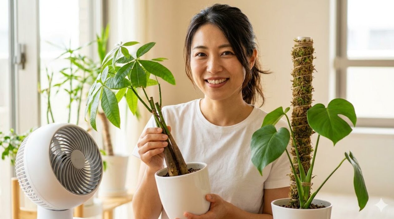 明るい室内で、笑顔の日本人女性が元気に再生したパキラと自作の支柱（モスポール）で仕立てたモンステラを両手に持ち、サーキュレーターの風を当てて健やかに育てる様子。観葉植物の伸びすぎ対策と復活術をテーマにしたアイキャッチ画像。