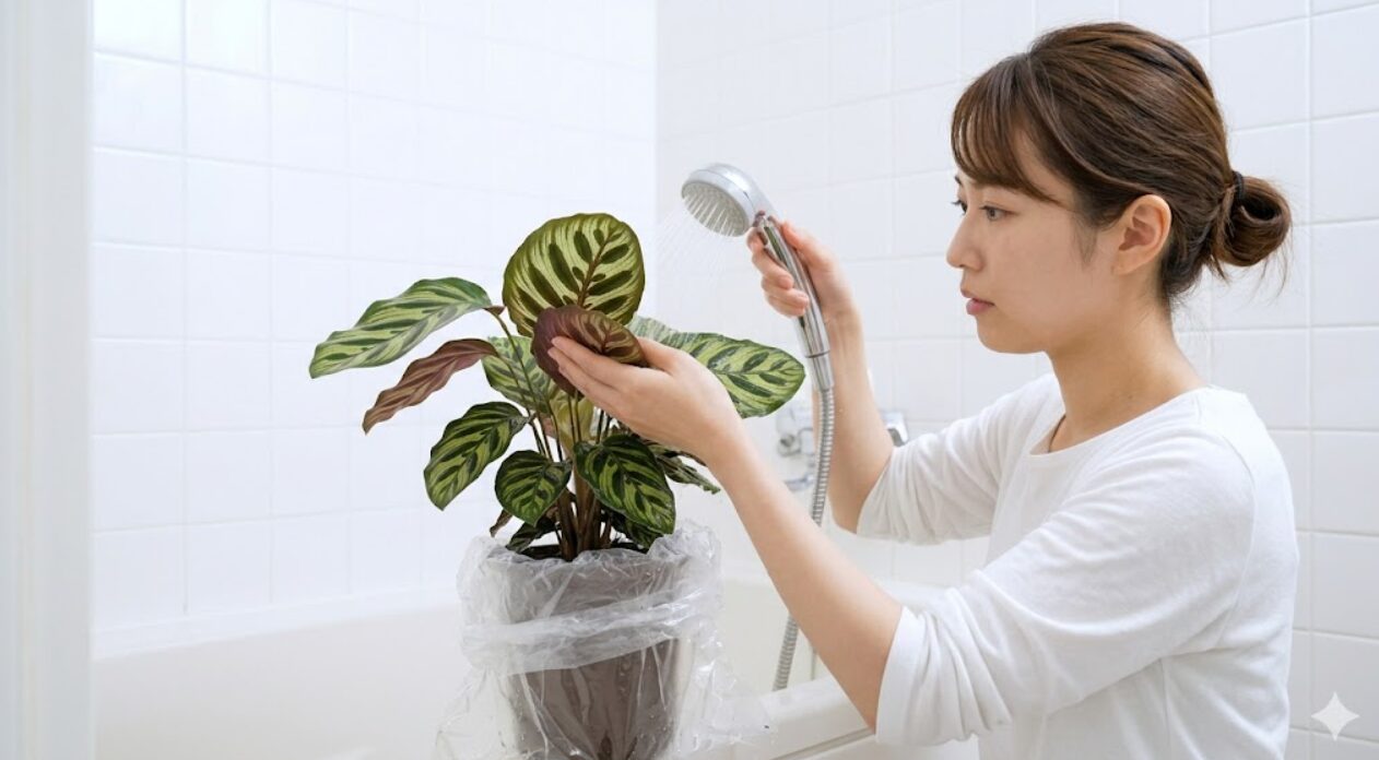 浴室で観葉植物カラテアの葉の裏側をシャワーで洗浄し、ハダニなどの害虫を物理的に洗い流す日本人の女性