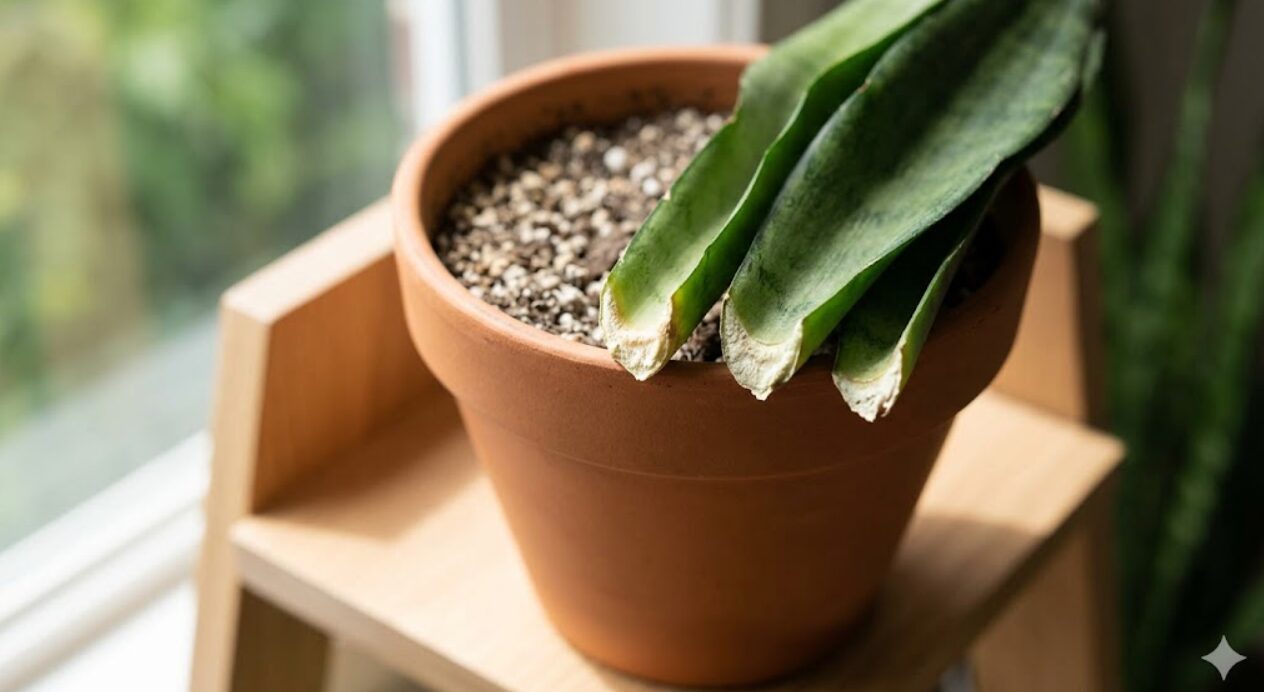 サンスベリアの葉挿し用カット葉を、切り口を乾燥させるために鉢の縁に立てかけた様子。