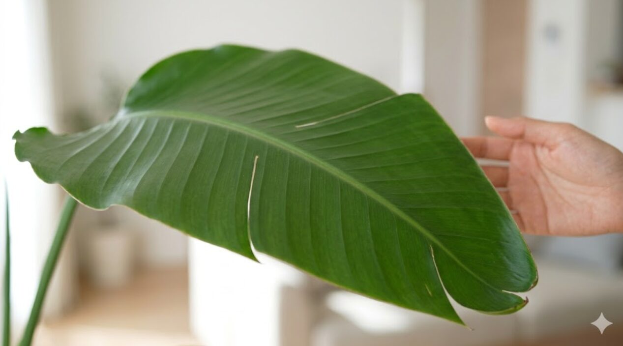 室内で美しく保たれたオーガスタの大きな一枚葉。エアコンの直撃風を避け、適切な空気循環で葉の割れを防ぐ環境。