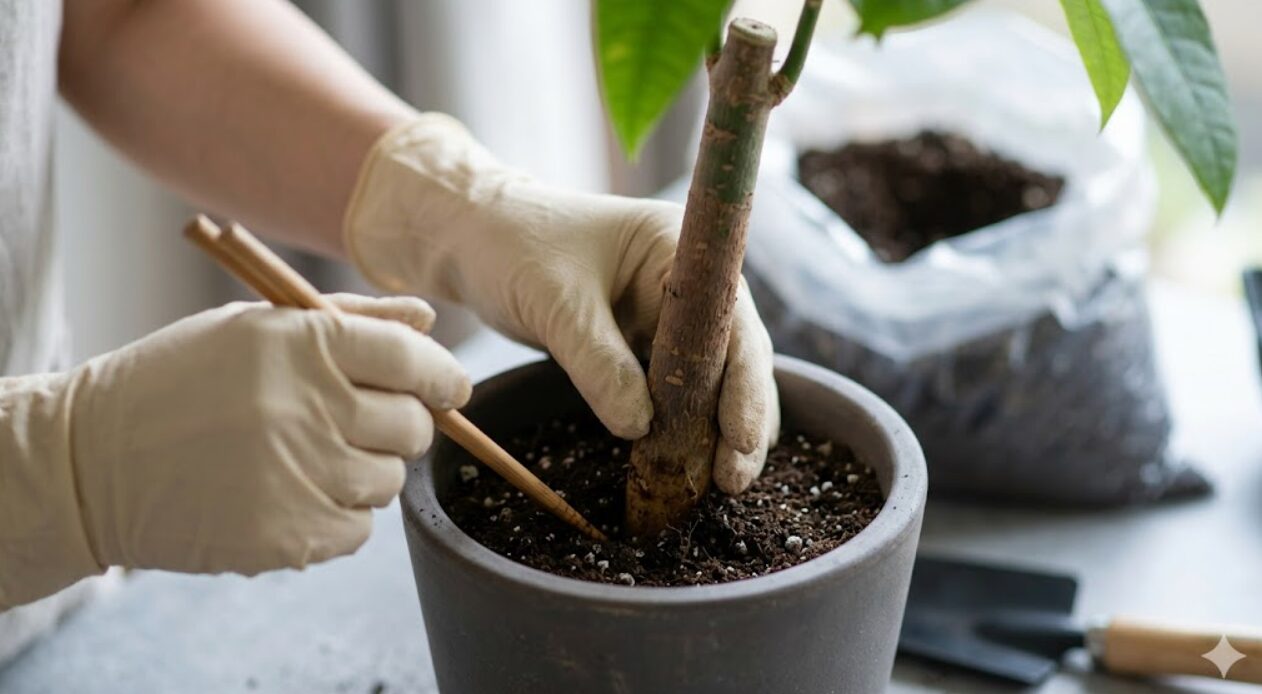 傾いたパキラを植え替える際、根をほぐして株を垂直に立て直し、新しい土を割り箸で突いて固定する様子。