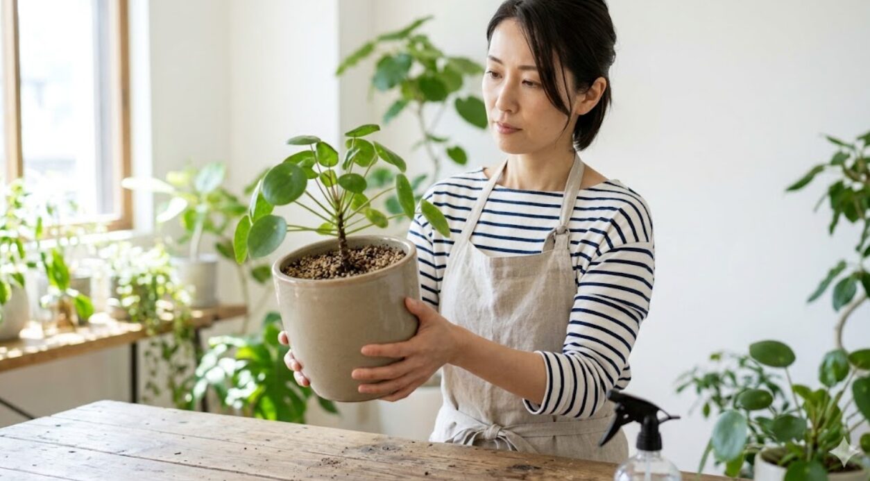 鉢を持ち上げ、その重さで土の乾燥具合を確認する日本人の女性。