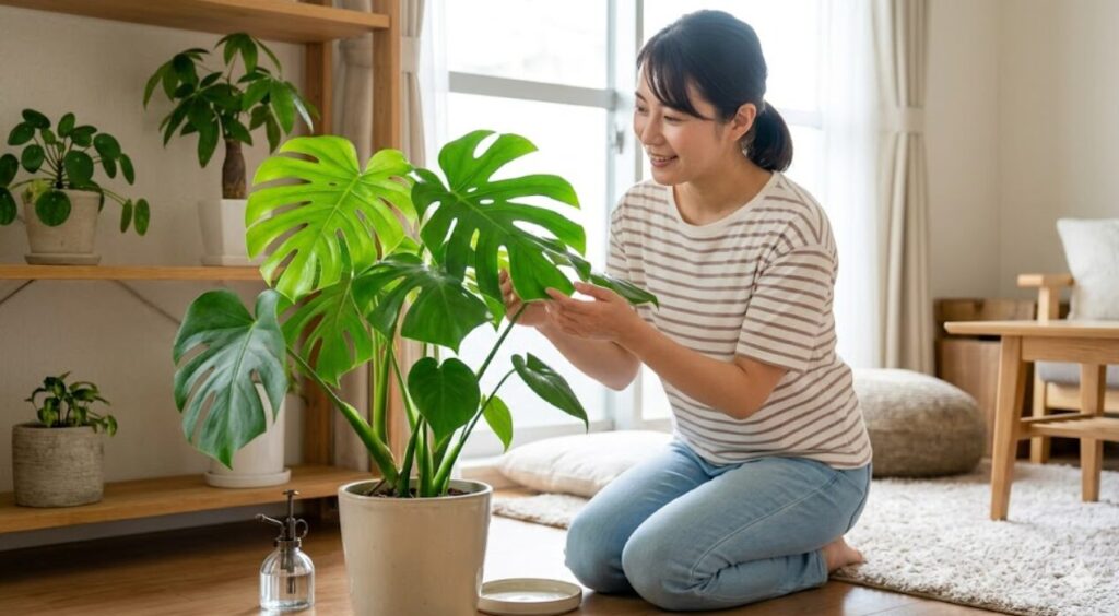 明るく、落ち着いた日本人の女性が、復活した元気なモンステラの葉に優しく触れる様子。