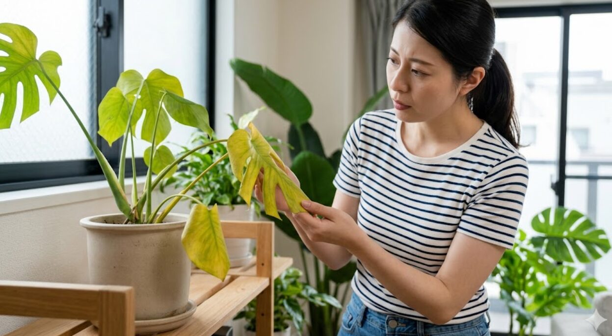 水のやりすぎで葉が黄色くなり、元気がないモンステラを心配そうに見つめながら、葉に触れる日本人の女性。