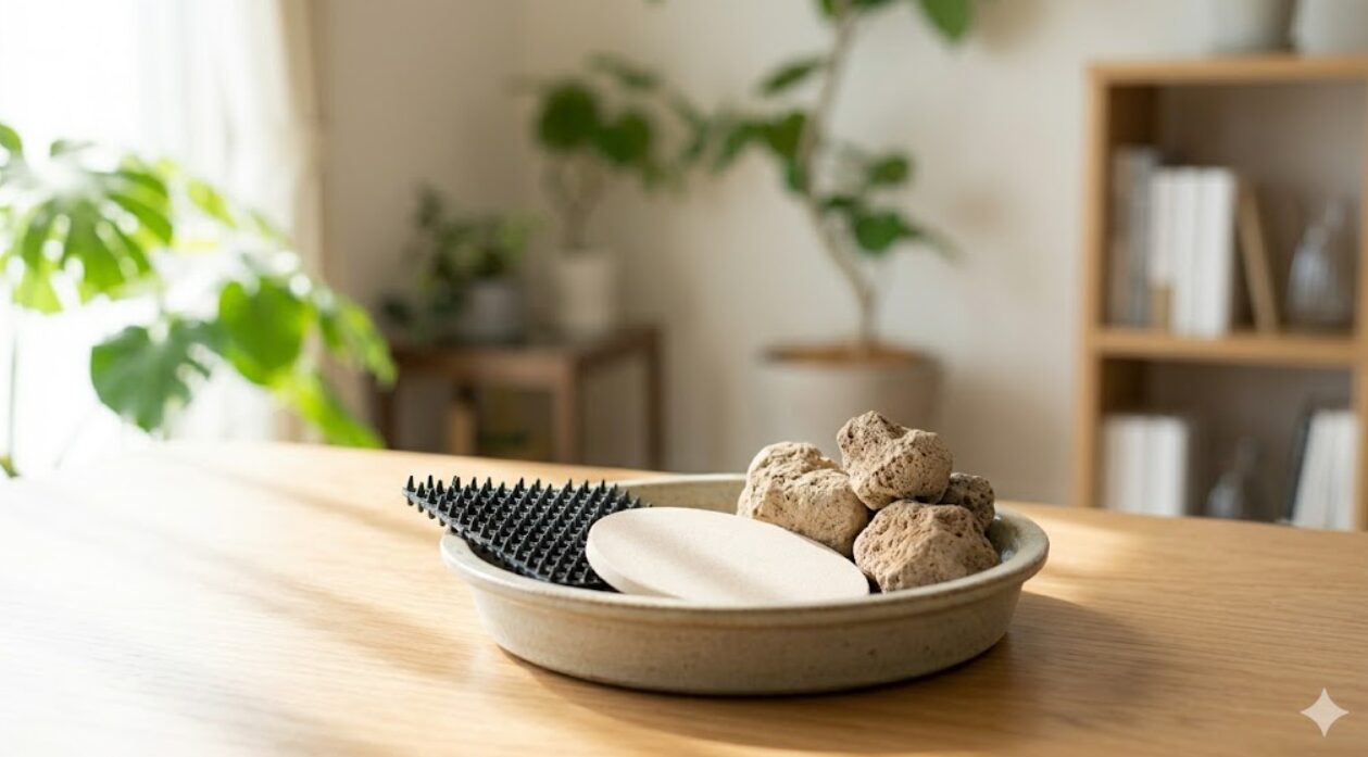 観葉植物の受け皿に置かれた猫よけマット、珪藻土プレート、大きめの軽石のアップ。鉢底の通気性を確保し、湿気を防ぐための工夫。