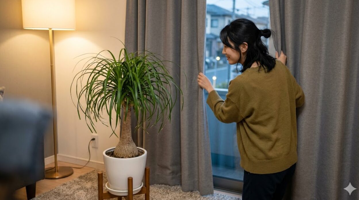 冬の夜間、冷え込む窓際からポニーテールを部屋の中央へ移動させ、厚手のカーテンを閉めて防寒対策をする日本人の女性。