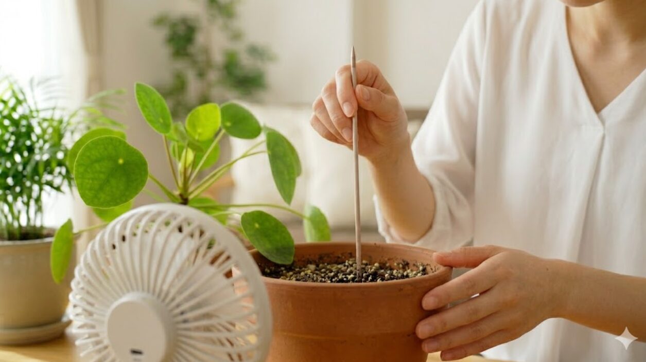 観葉植物の鉢植えに、小さなサーキュレーターを使って風を当て、土の表面を乾燥させる様子