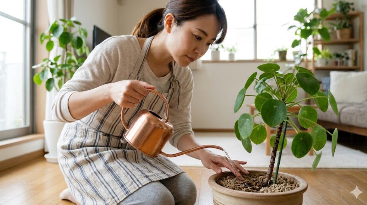土の表面が乾いていることを指先で確認してから、小さなじょうろで観葉植物に水をやる日本人女性。正しい水やりを実践している。