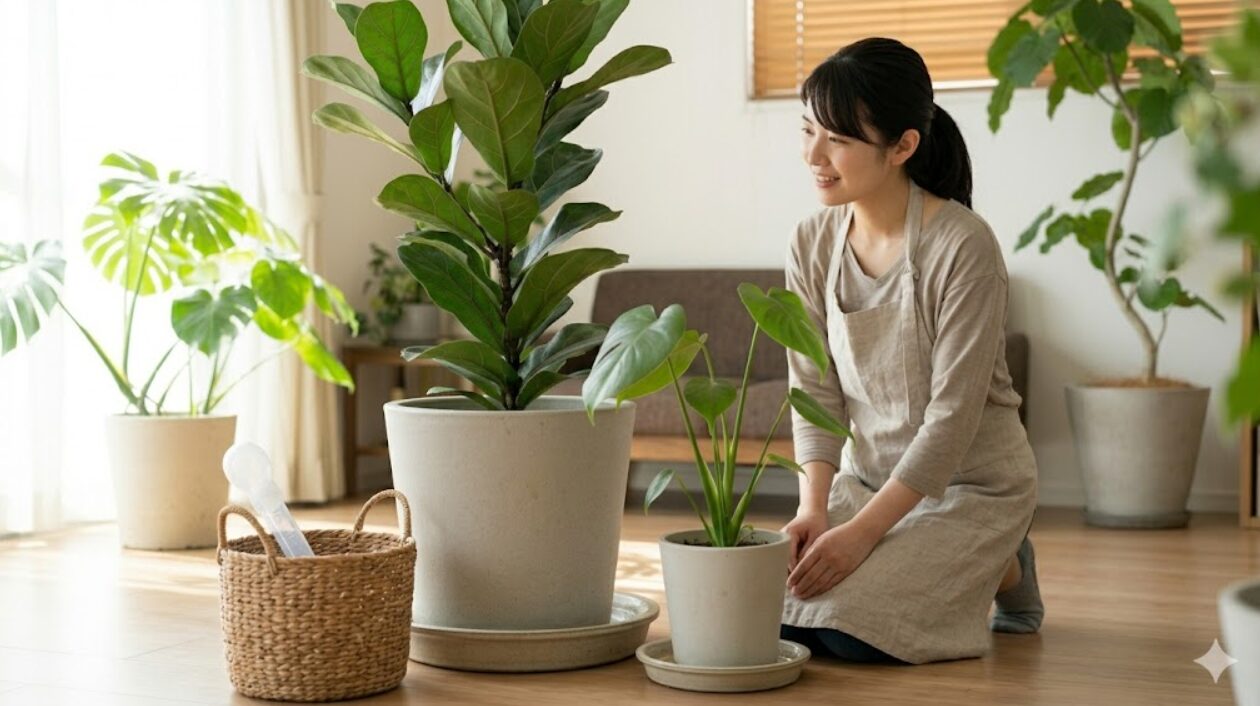 リビングで微笑む日本人の女性。周囲には元気に育つ大型フィカス・リラータやモンステラがあり、受け皿はすべて清潔に保たれている。
