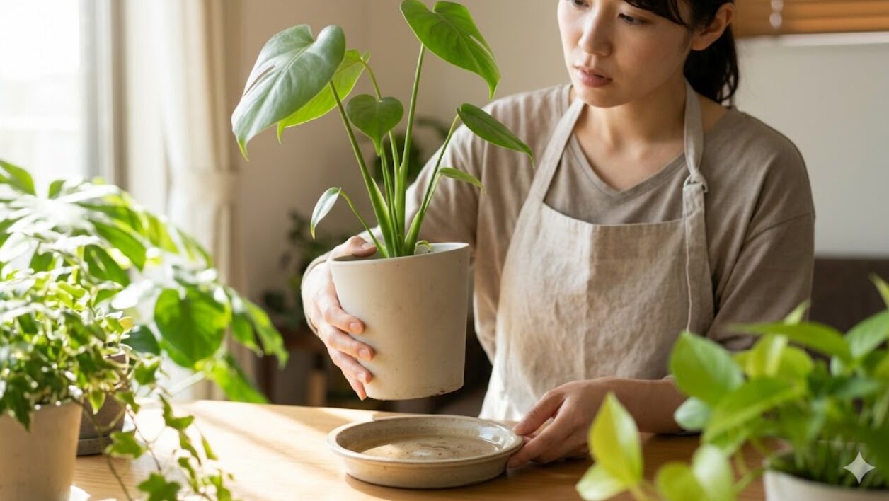 日本人の女性が、リビングで観葉植物モンステラの鉢を持ち上げ、受け皿に溜まった水を確認している様子。水やり後のケアの重要性を示すシーン。