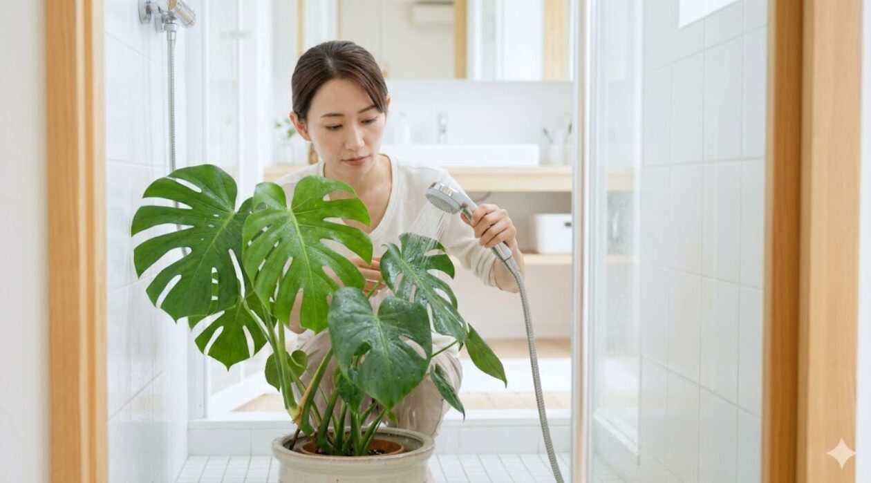 清潔な白いタイルの浴室で、大きなモンステラの鉢植えにシャワーで葉水をする日本人女性。浴室の床は濡れている。