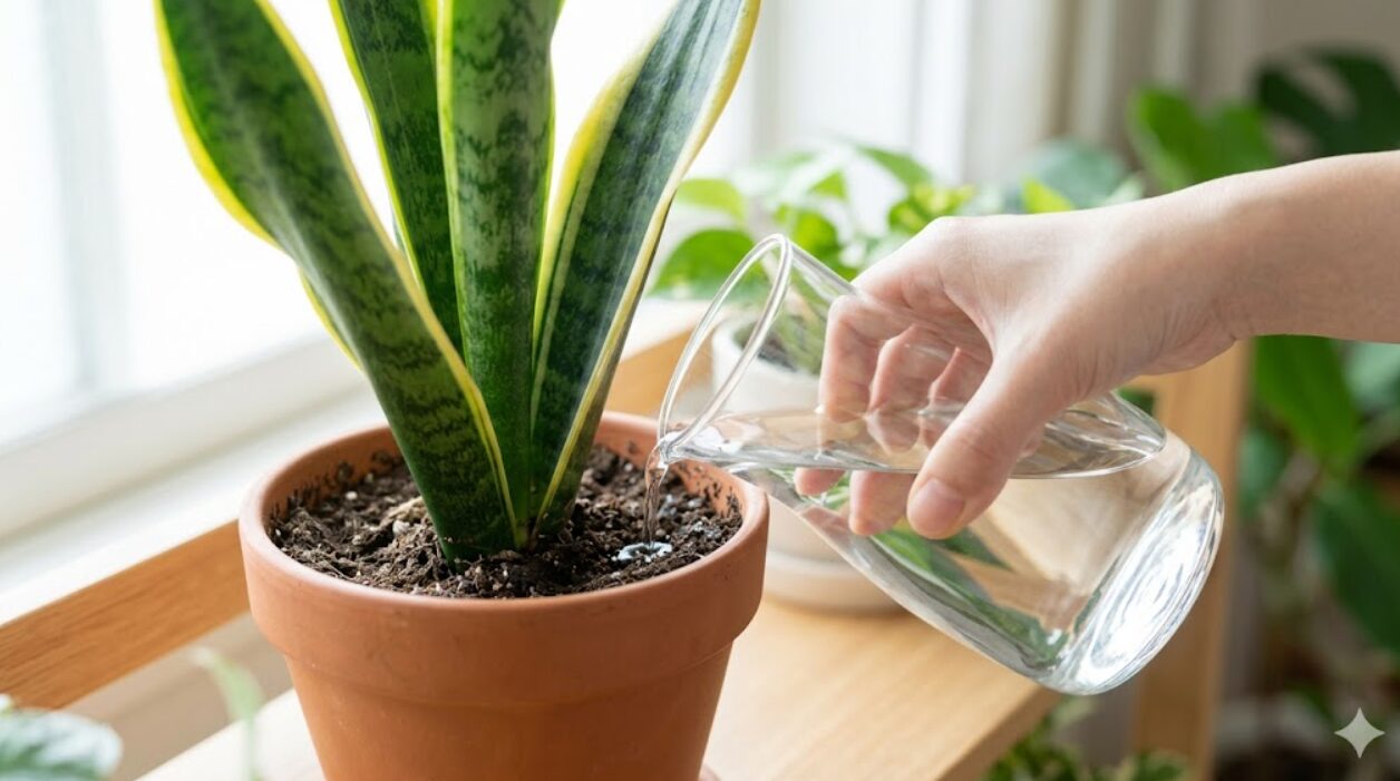 冬の休眠期、常温に戻した水を観葉植物の乾いた土に少量ずつ与えて根腐れを防ぐ様子。