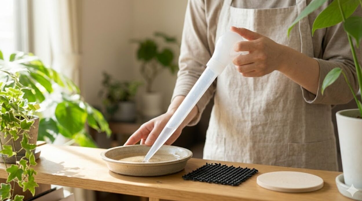 日本人の女性の手が、100円均一ショップの大型スポイトを使って、観葉植物の受け皿から水を吸い出している様子。横には猫よけマットと珪藻土コースターが置かれている。