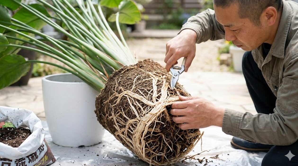 植え替え時にオーガスタの巨大化した根鉢をほぐし、清潔なハサミで古い根を切り詰める（根の間引き）様子。鉢のサイズを維持するテクニック。