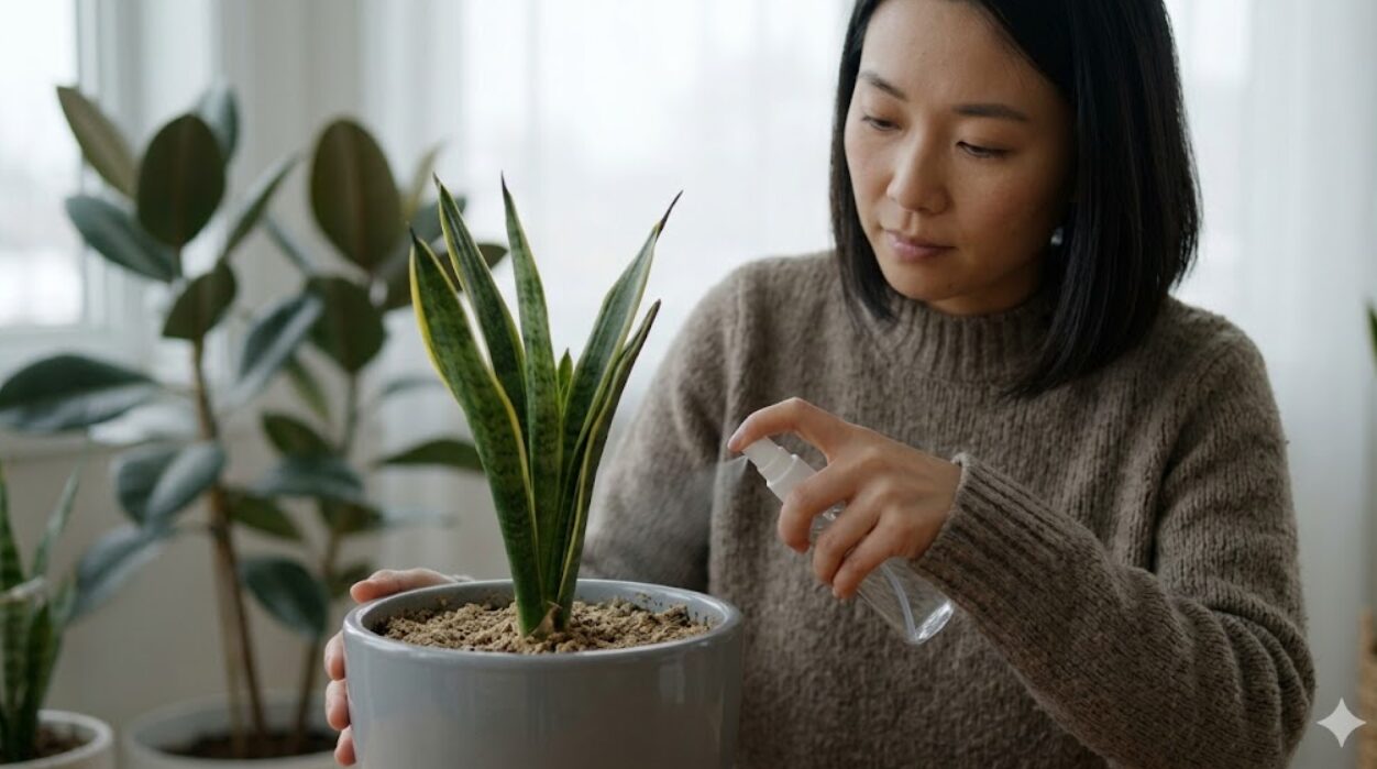 冬、暖房の効いた室内で、日本人の女性がサンスベリアに少量の水を与えている。休眠期のため土は非常に乾燥しており、根腐れを防ぐ慎重な管理。