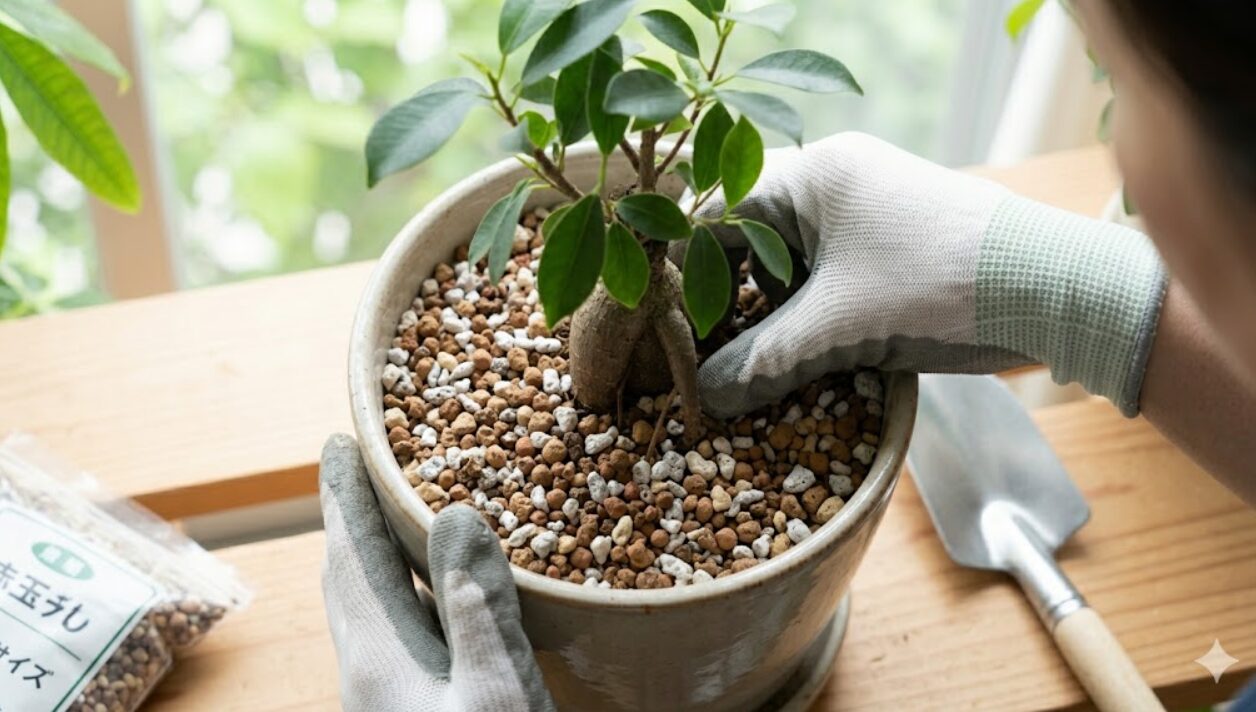 カビを防ぐために無機質な土（赤玉土、鹿沼土、軽石）を配合し、ガジュマルを植え替える様子。