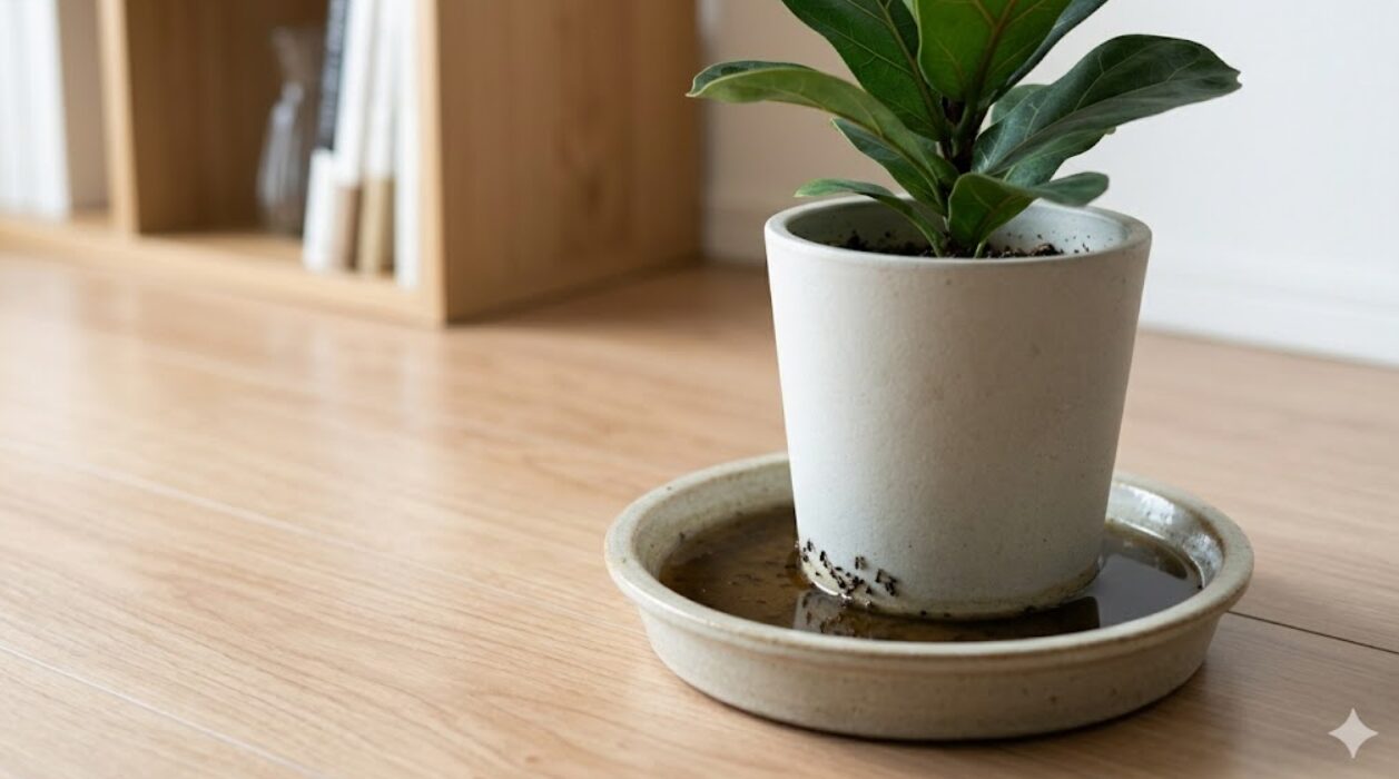 観葉植物フィカス・リラータの鉢植えの下にある、汚れて濁った水が溜まった受け皿のアップ。コバエの発生源となる不衛生な状態を示す。