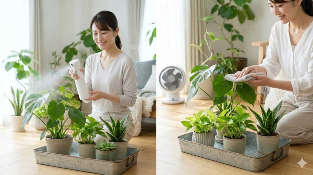 Gemini の回答 明るいリビングで、防水トレイに並べられた観葉植物をケアする日本人女性。左側ではマイクロミスト霧吹きを使い、右側ではクロスで葉を拭く、2枚の写真を並べたアイキャッチ画像。