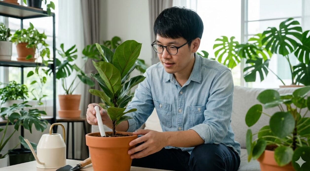 鉢植えの土に水分チェッカーを挿し込み、土壌の湿度を確認する日本人の男性。