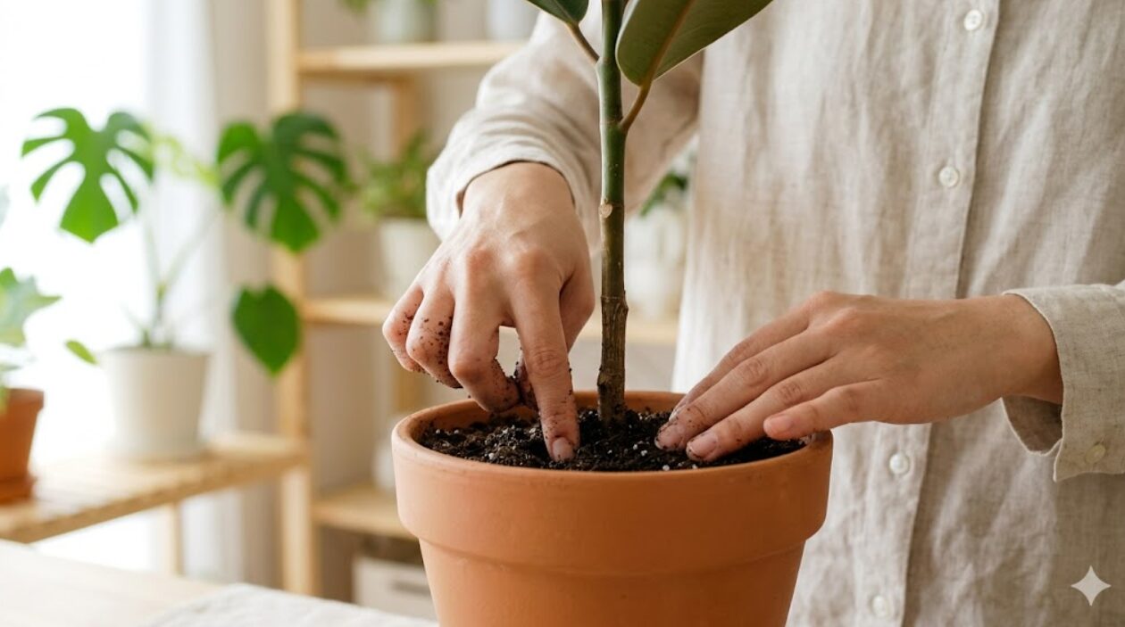 観葉植物の土の乾き具合を指で確認する日本人の女性。指を土に差し込み、湿り気を確認している。