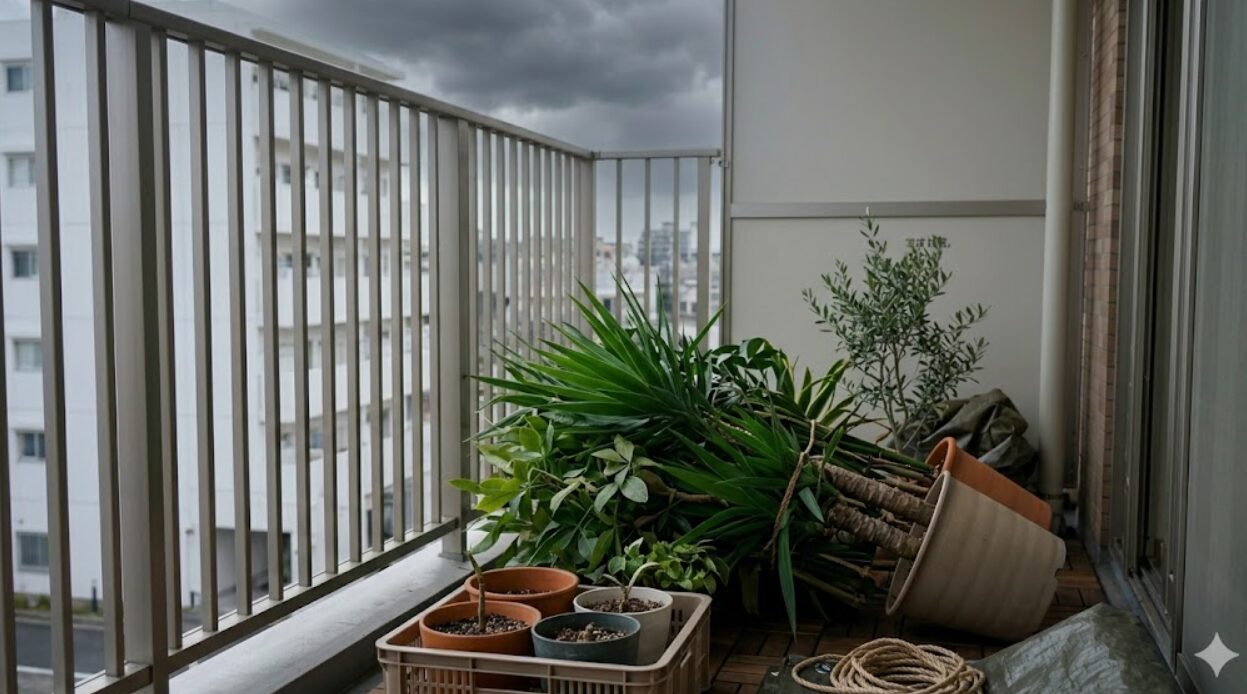 台風接近前のマンションベランダ。強風による転倒を防ぐため、背の高い観葉植物の鉢を床に寝かせ、紐で固定している。軽い鉢は室内に避難済み。