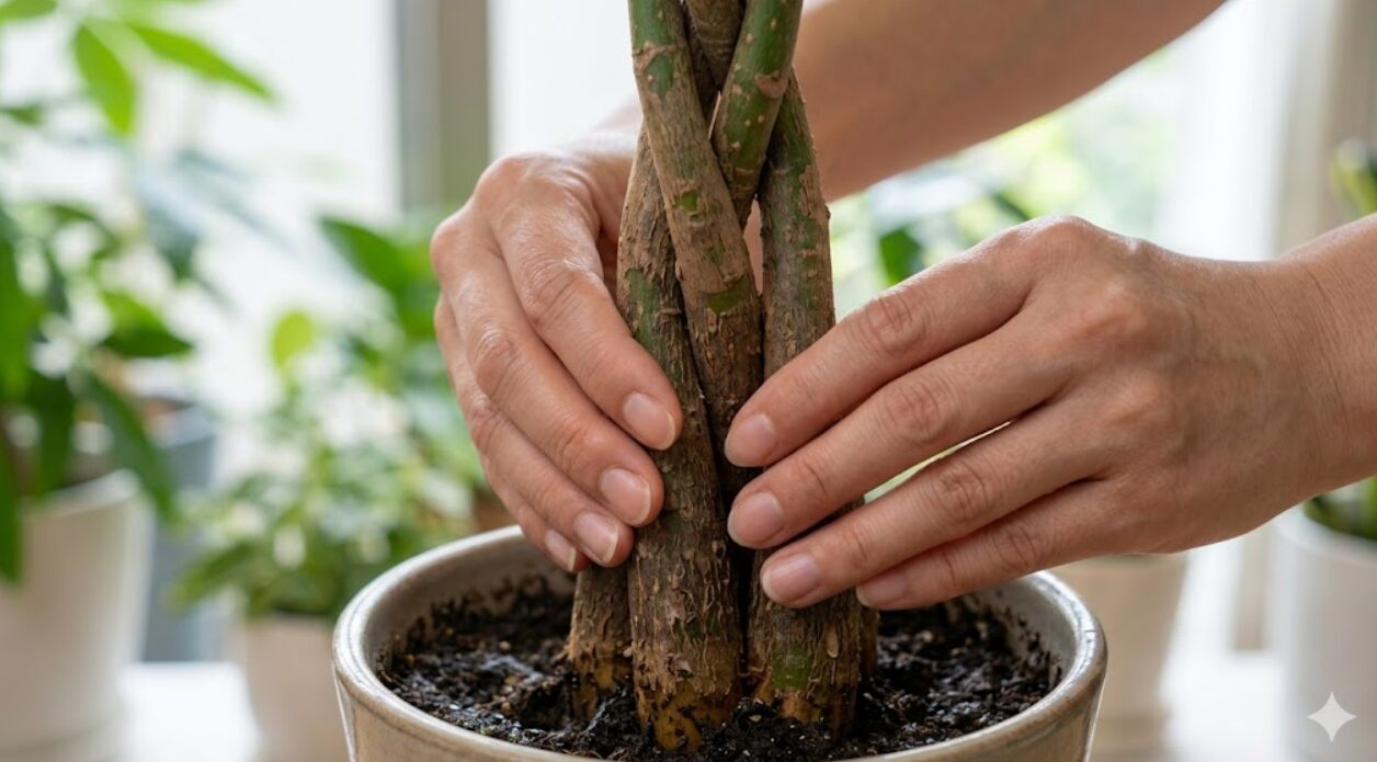 パキラの幹の根元を指で軽く押し、その硬さで健康状態を確認する様子。