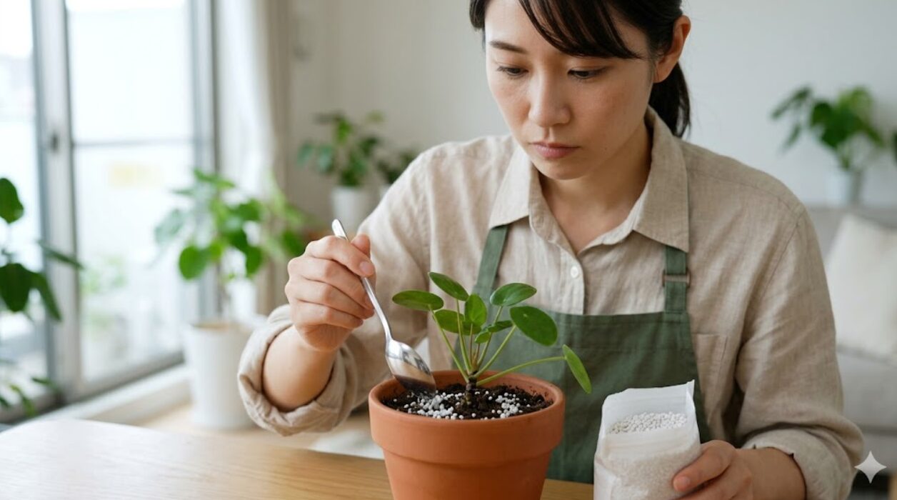 観葉植物（パキラ）の土の表面に、スプーンを使って白い粒剤タイプの殺虫剤を慎重に散布する日本人女性。手元には薬剤の袋が置かれている。