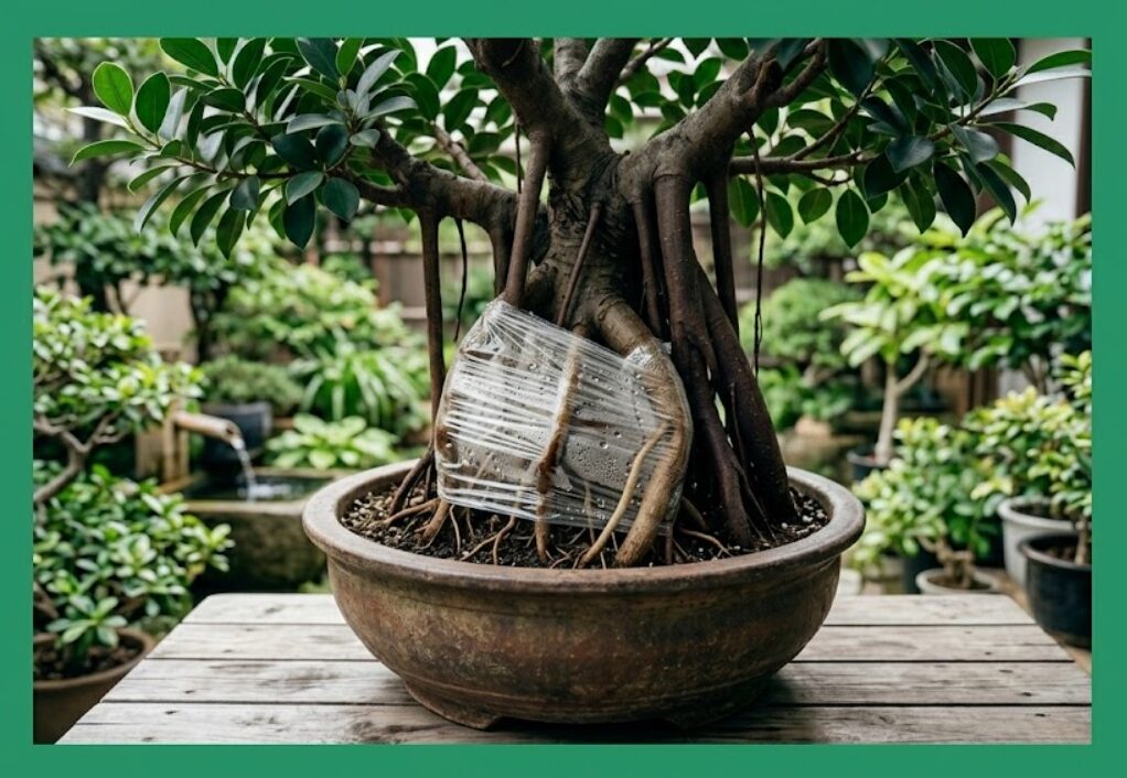 ガジュマルの気根をラップで育てるコツのまとめ記事のアイキャッチ画像。無地の緑色の枠で囲まれている。