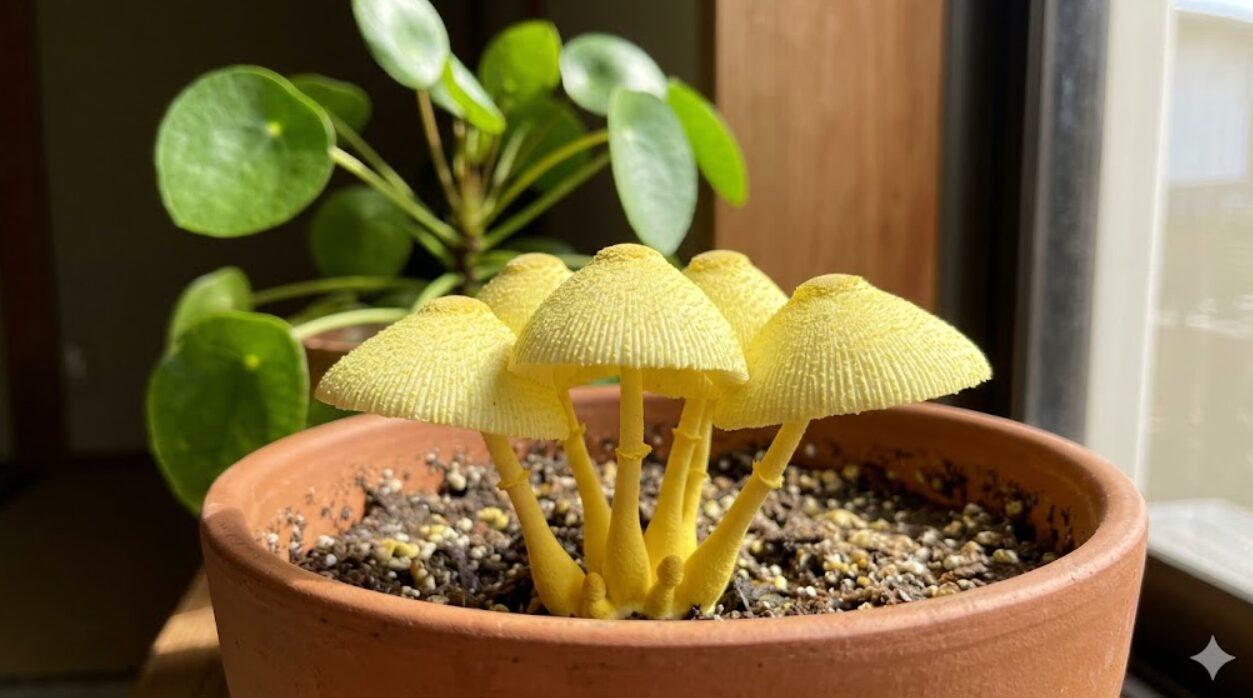 観葉植物の鉢植えの土に群生する、鮮やかなレモン色のコガネキヌカラカサタケの接写