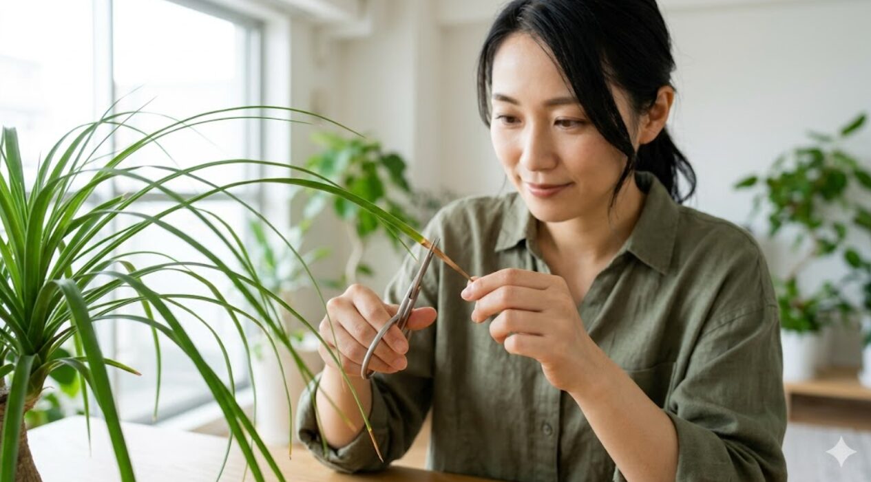 ポニーテールの枯れた葉先を、緑色の元気な組織まで切らないように、慎重に園芸バサミで剪定する日本人の女性。