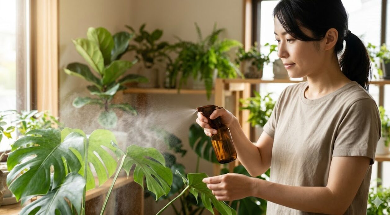 日本人の女性がリビングで大きなモンステラに葉水を与えている。細かい霧が葉を包み込み、室内の湿度を保つ。