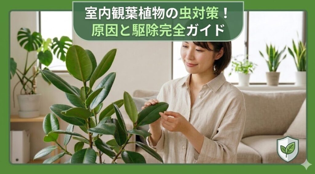 室内観葉植物の虫対策について、原因と駆除方法を完全ガイドする記事のアイキャッチ画像。緑色の植物柄の縁枠で囲まれ、中央上部に白い文字で「室内観葉植物の虫対策！原因と駆除完全ガイド」とタイトルが書かれている。健康な観葉植物と向き合う日本人の女性が描かれている。