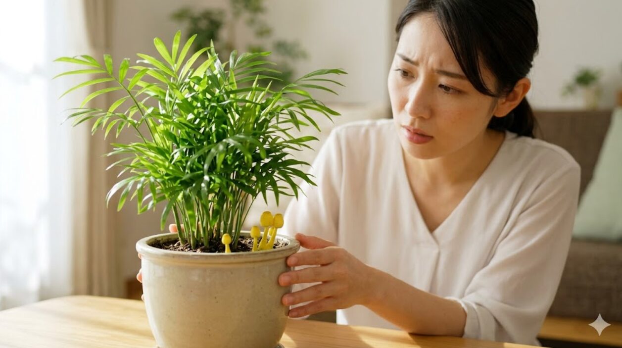 観葉植物の鉢植えの土から生えた、鮮やかなコガネキヌカラカサタケを見つけて心配そうな表情の日本人女性。
