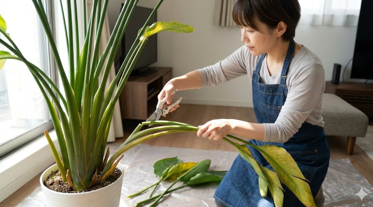 エプロンを着た日本人女性が、室内で巨大化したオーガスタの外側の古い葉を剪定バサミで根元から切り落とす様子。