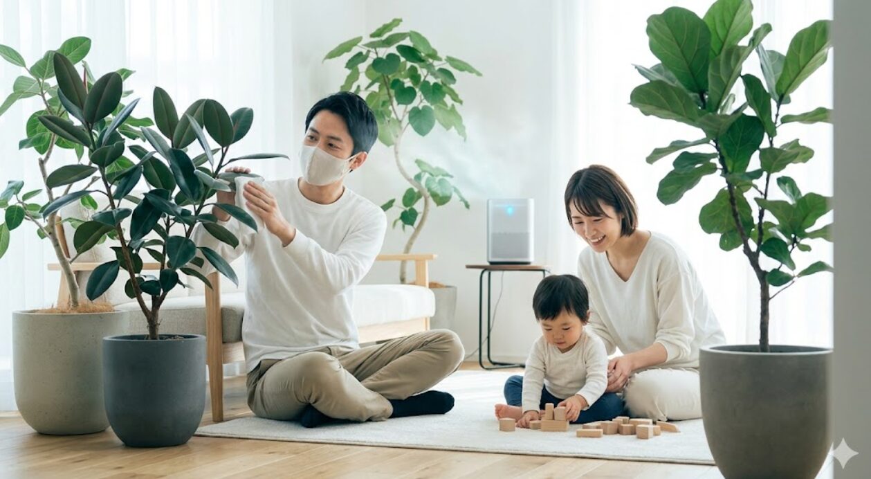 清潔で健康的な室内環境で、多数の観葉植物と共にリラックスする日本人家族。父親はマスクをして植物をケアしており、空気の質が保たれている様子。