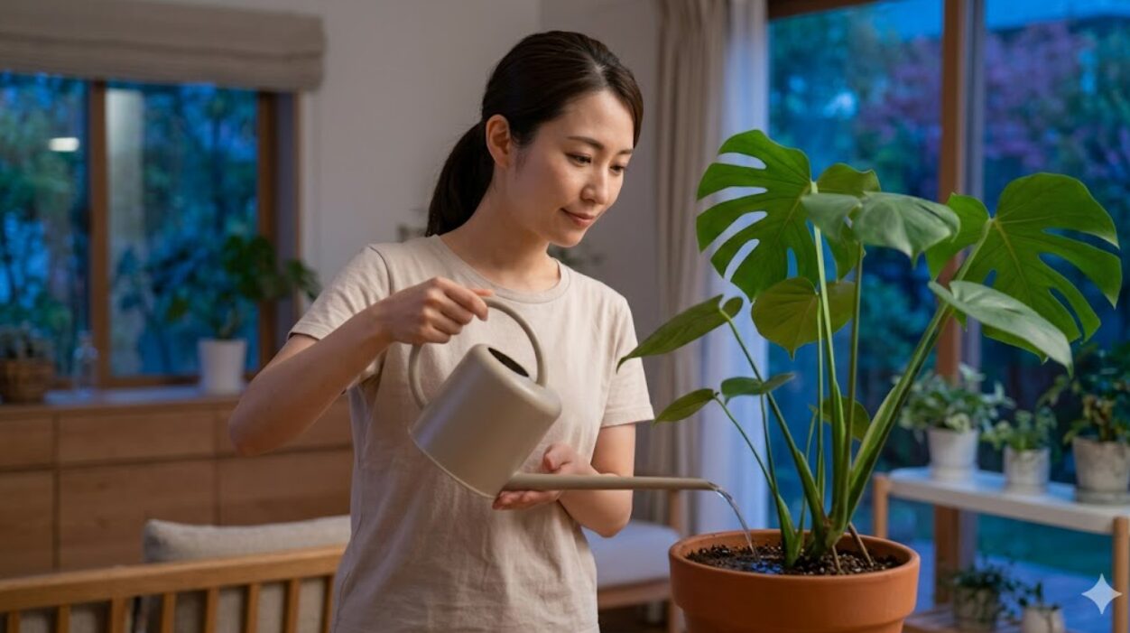 夕方の涼しい時間帯、日本人の女性が大きなモンステラに水やりをしている。西日が柔らかく差し込み、夏の根の痛みを防ぐ。