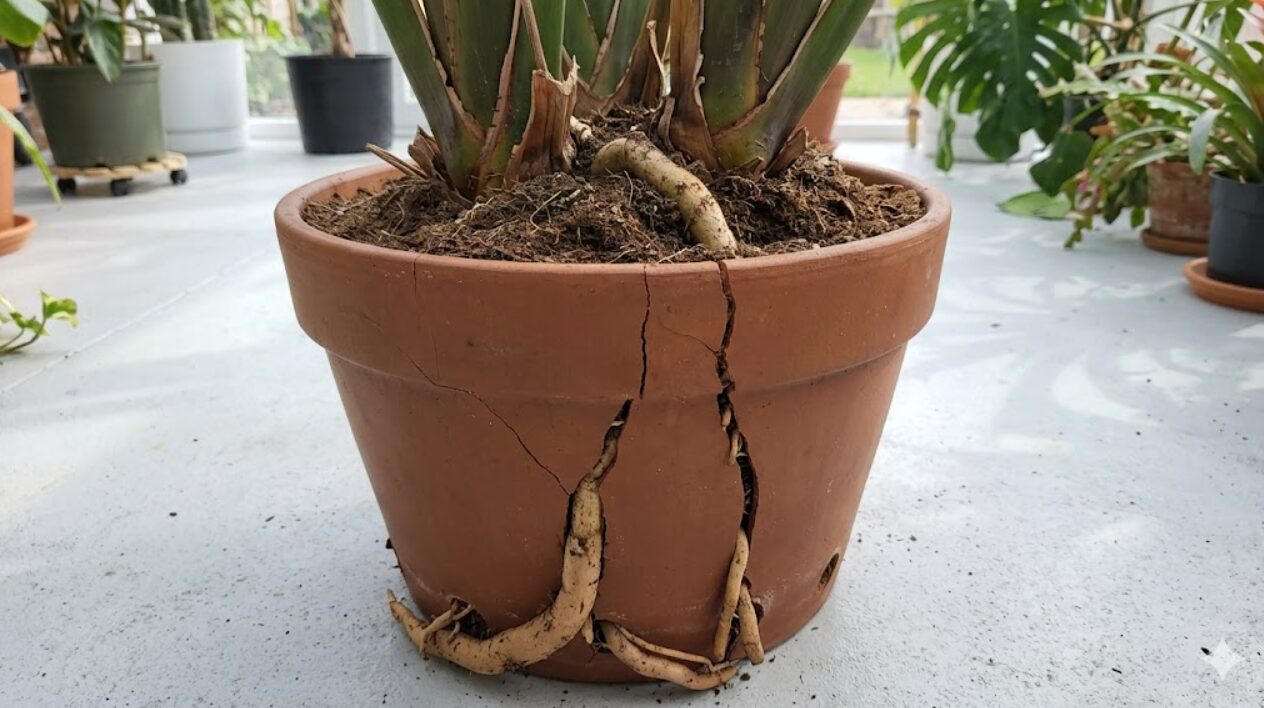 根詰まりによって内側から圧力がかかり、ヒビが入って破損した陶器の鉢。オーガスタの強靭な根が鉢底から飛び出している。
