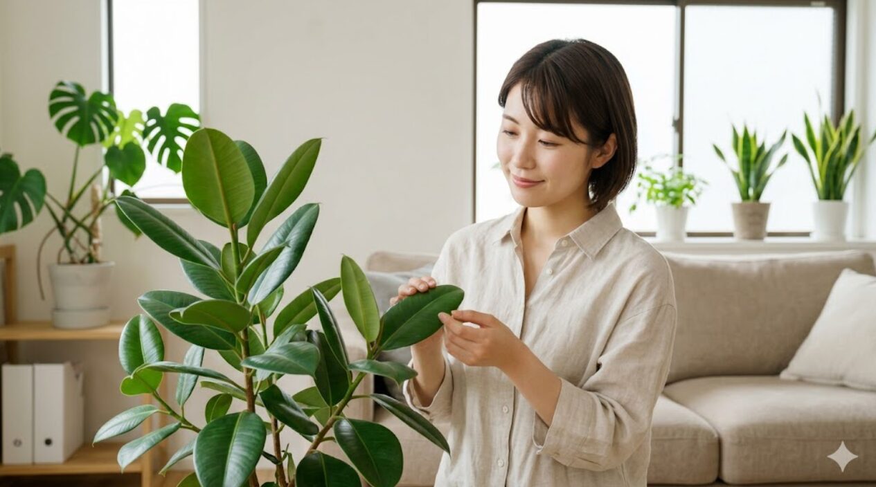 室内で健康な観葉植物フィカスの葉を優しく点検する日本人の女性。虫のいない清潔なグリーンライフのイメージ。