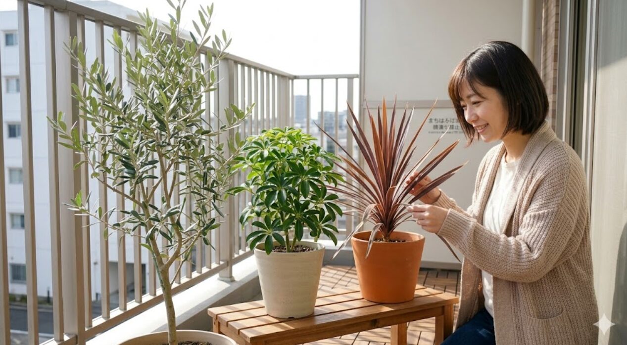 初心者におすすめの、ベランダ出しっぱなし栽培に強い観葉植物3選。左からオリーブの木、ホンコンカポック（シェフレラ）、コルジリネ・レッドスター。日本の四季に耐える丈夫な品種。