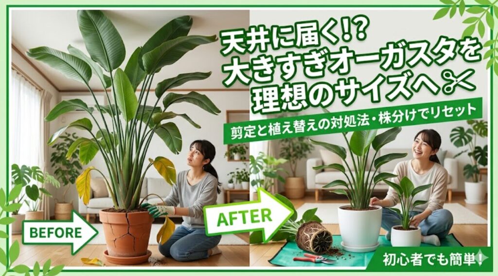 巨大オーガスタの剪定・植え替え前後の比較画像。割れた鉢から、新調した白い鉢へ。
