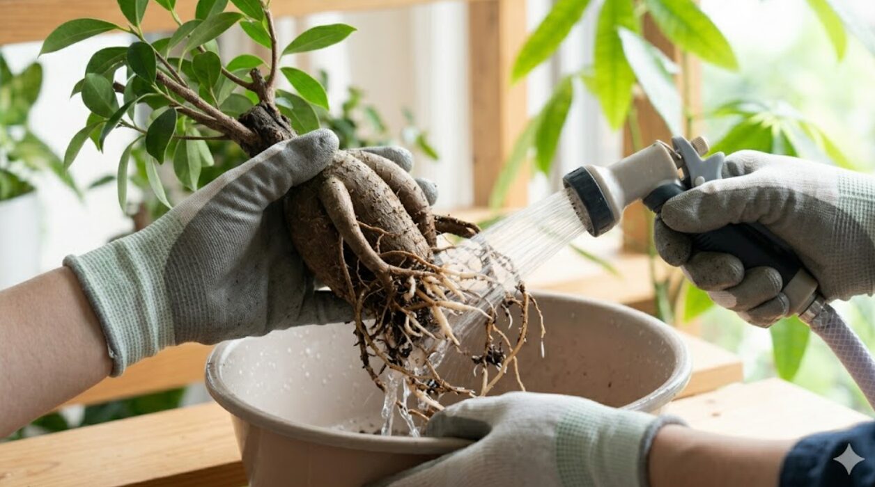 根腐れしたガジュマルの根を鉢から出し、流水で古い土を洗い流す緊急処置の様子。