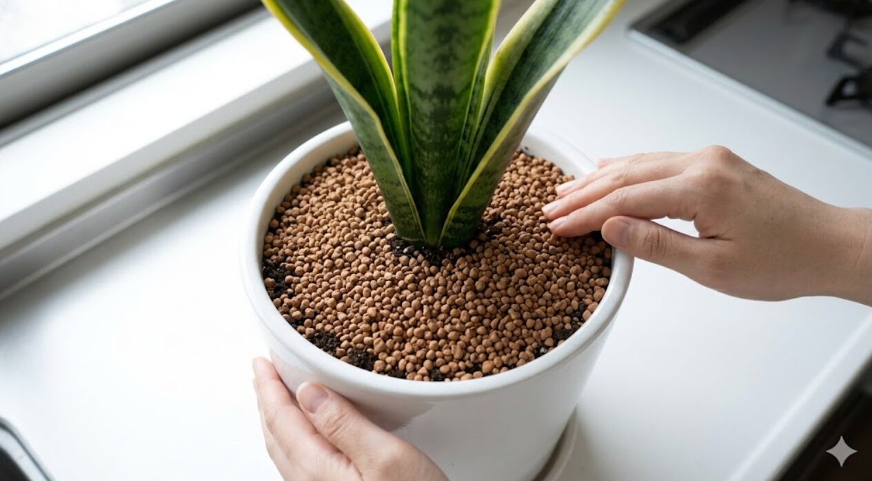 観葉植物サンスベリアの鉢の表面に、コバエの産卵を防ぐために敷き詰められた赤玉土。