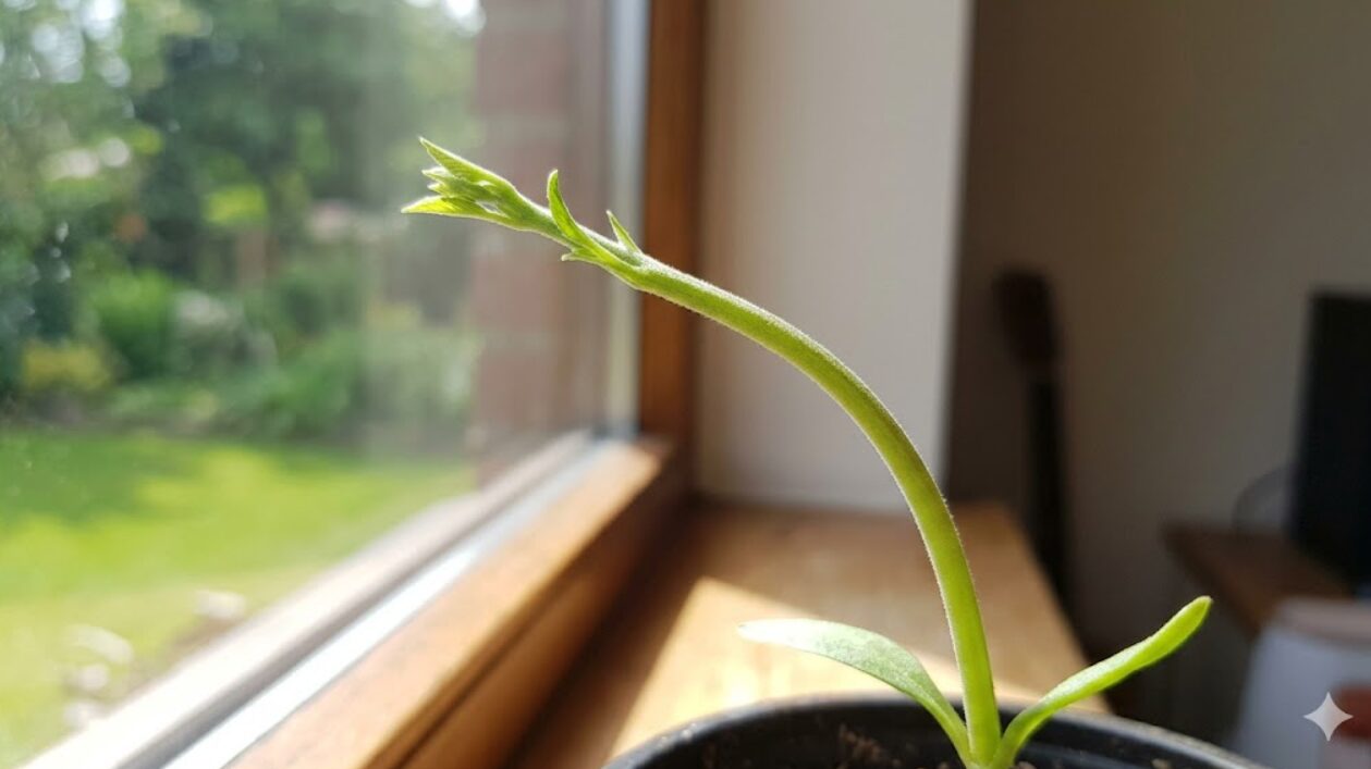 室内で窓からの光に反応して曲がる植物の茎と、光を避けて影側に移動するオーキシンの仕組みのクローズアップ写真。