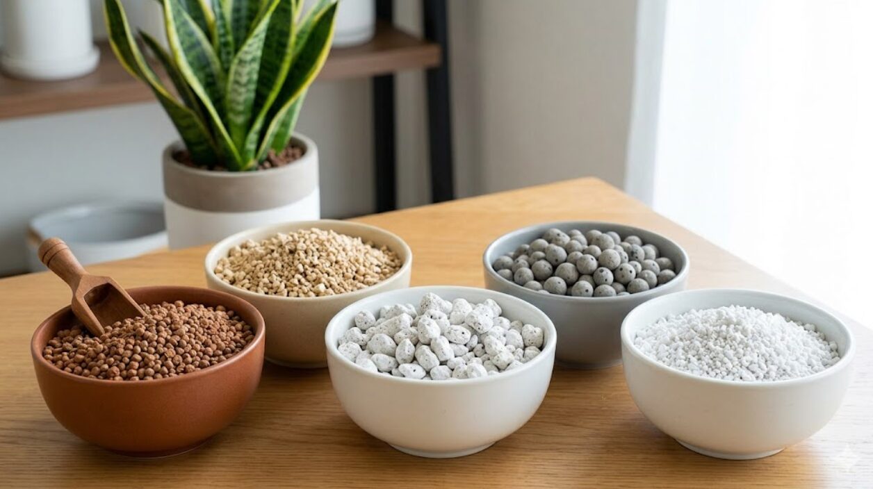 室内での虫対策におすすめの無機質用土（赤玉土、鹿沼土、軽石、ハイドロボール、パーライト）が並べられた様子。