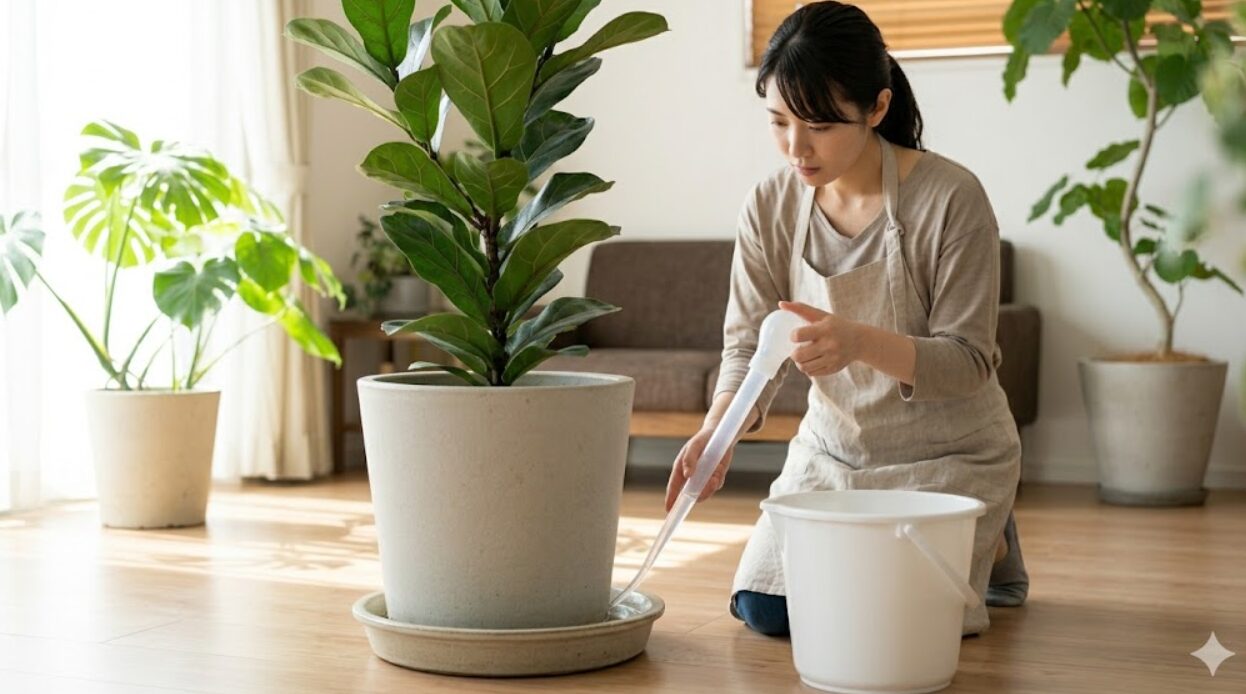 日本人の女性が、大型の観葉植物フィカス・リラータの重い鉢の下にある受け皿から、サイフォン式ポンプを使って水を抜き取り、バケツに入れている様子。重労働を軽減するテクニック。
