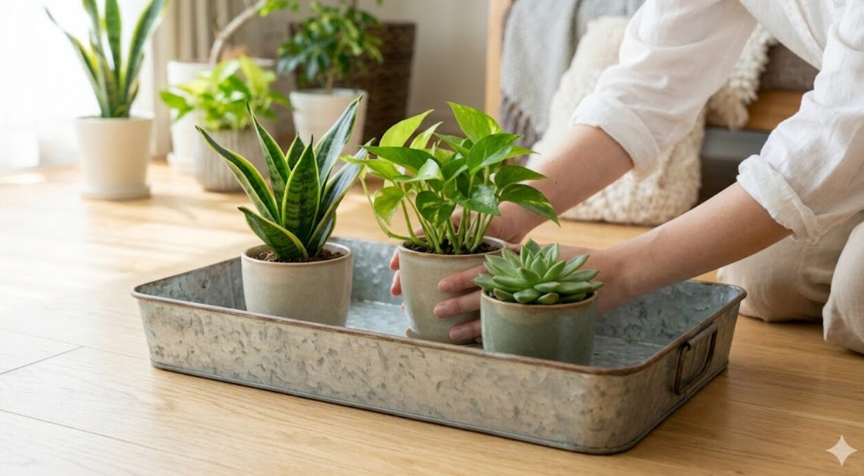 木目調の床に置かれた、おしゃれなブリキ製防水トレイに複数の観葉植物をまとめて配置する日本人女性の手元。