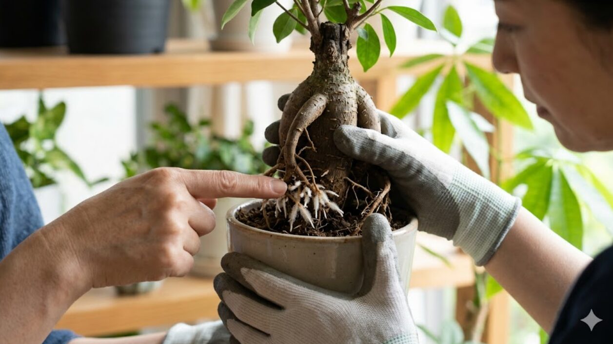 ガジュマルの白い根元を観察する日本人女性の手元。健康な根毛か、病気かの見分け方を学ぶ。