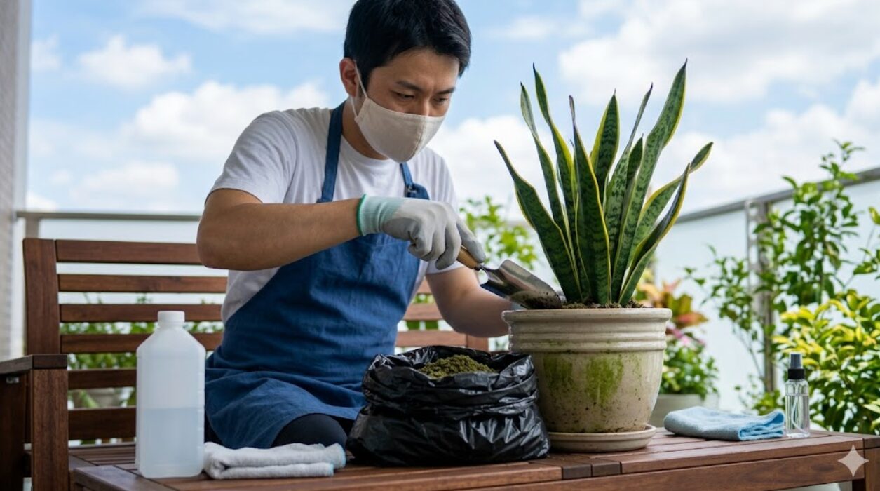 ベランダでマスクを着用し、観葉植物の鉢から緑カビの生えた表面の土をスコップで削り取る日本人男性。物理的にカビを除去している。