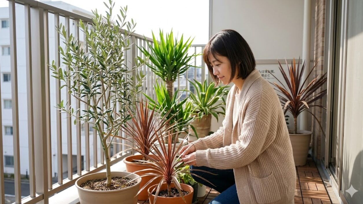 冬のマンションベランダで、暖かい日差しを浴びながら、オリーブやユッカなどの観葉植物を大切に育てる日本人の女性。一年中屋外で管理されている植物たちが元気に並んでいる。